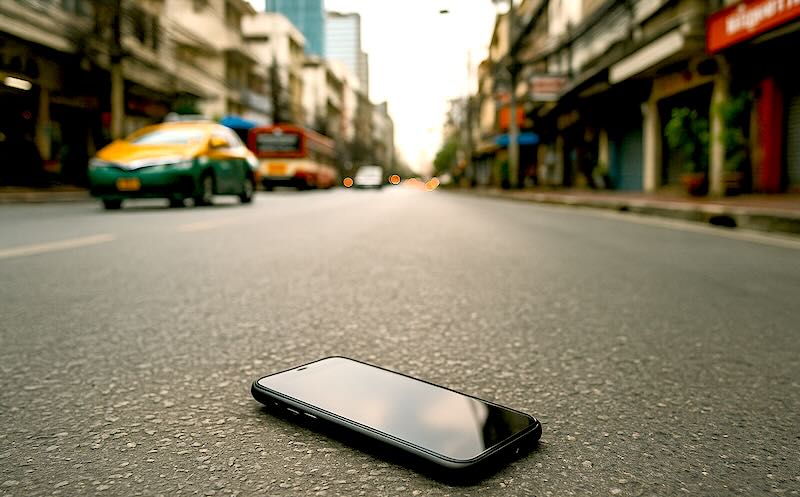 A lost mobile phone on the street in Bangkok, Thailand.