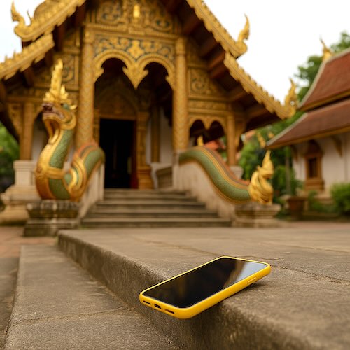 A lost mobile phone on a Buddhist Temple's steps in Chiang Mai, Thailand.